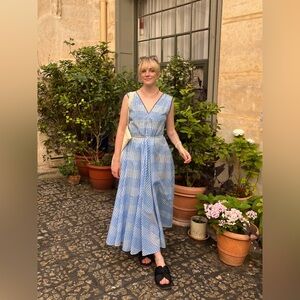 GANNI seersucker blue and white dress